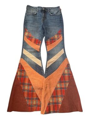 Free People We The Free Flashback Patchwork Plaid Corduroy Flare Jeans NWOT